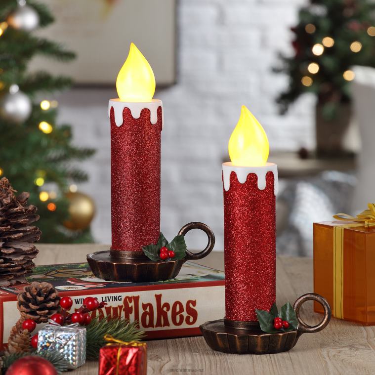 Mr. Christmas Decoration 10 Set of 2 Flickering LED Resin Glittery Candles-Red 0J026221