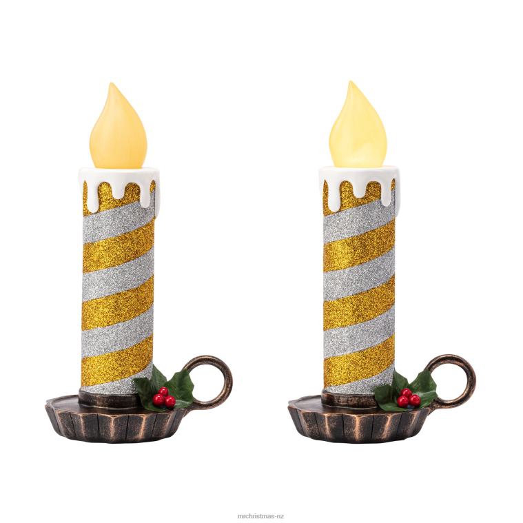 Mr. Christmas Decoration 10 Set of 2 Flickering LED Resin Glittery Striped Candles-Gold & Silver 0J026223