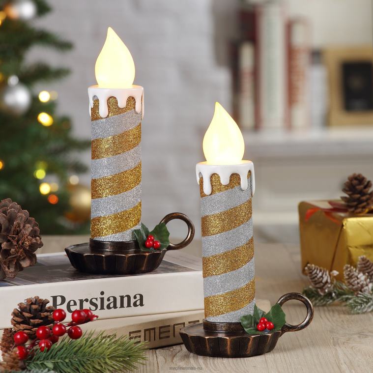 Mr. Christmas Decoration 10 Set of 2 Flickering LED Resin Glittery Striped Candles-Gold & Silver 0J026223
