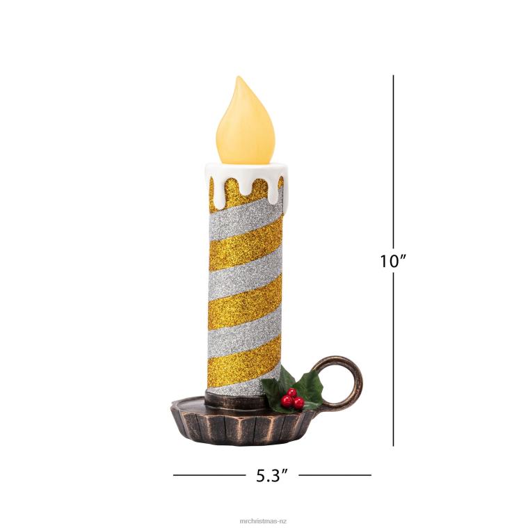 Mr. Christmas Decoration 10 Set of 2 Flickering LED Resin Glittery Striped Candles-Gold & Silver 0J026223