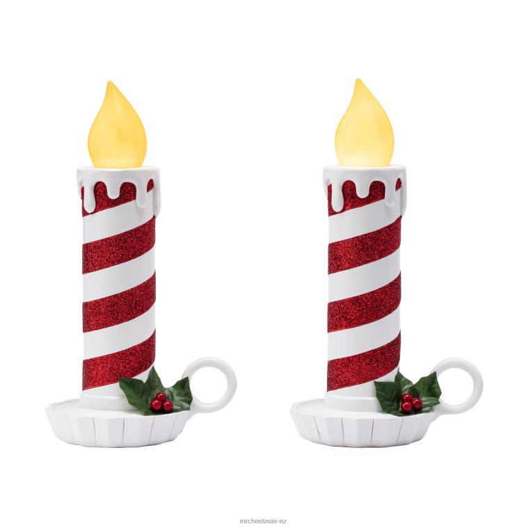 Mr. Christmas Decoration 10 Set of 2 Flickering LED Resin Glittery Striped Candles-Red & White 0J026222