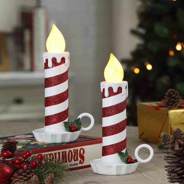 Mr. Christmas Decoration 10 Set of 2 Flickering LED Resin Glittery Striped Candles-Red & White 0J026222