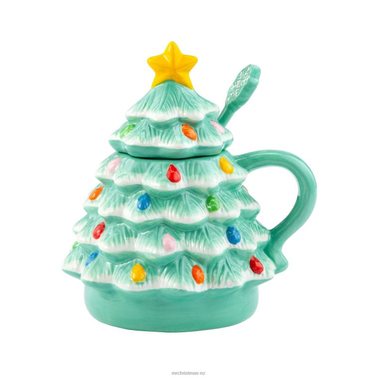 Mr. Christmas Decoration 16 oz Nostalgic Ceramic Tree Lidded Mug with Spoon-Seafoam 0J02694
