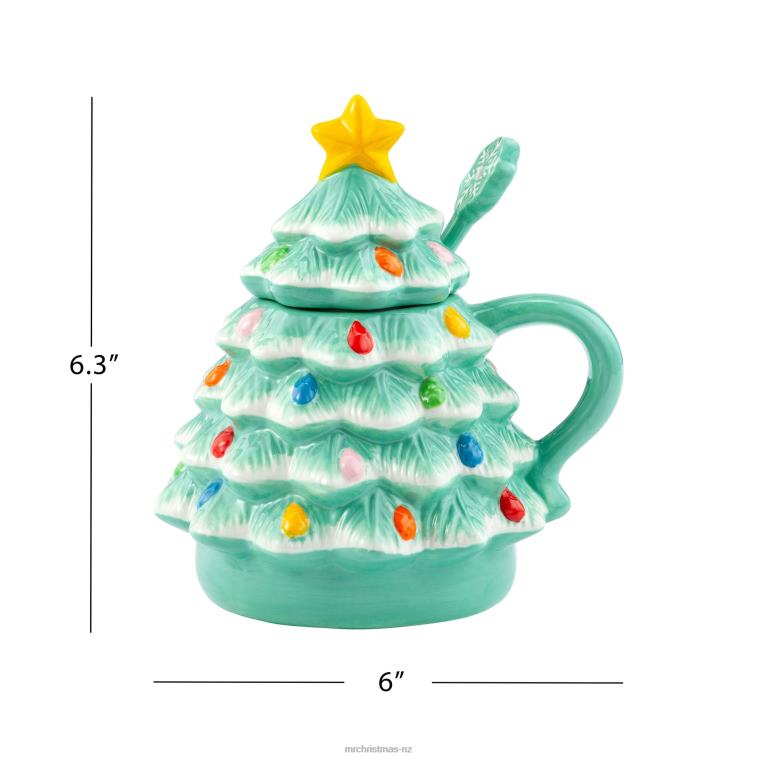 Mr. Christmas Decoration 16 oz Nostalgic Ceramic Tree Lidded Mug with Spoon-Seafoam 0J02694