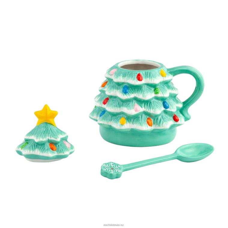 Mr. Christmas Decoration 16 oz Nostalgic Ceramic Tree Lidded Mug with Spoon-Seafoam 0J02694