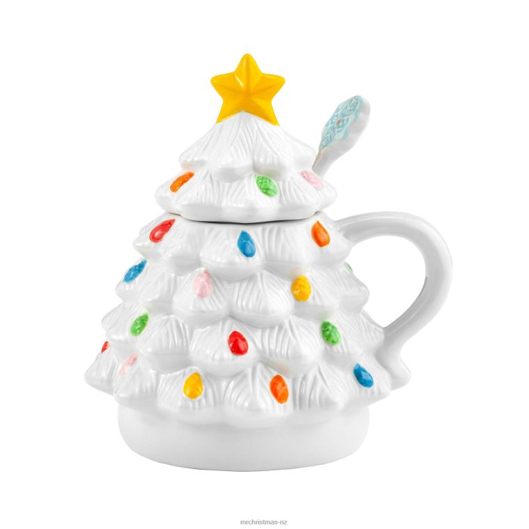 Mr. Christmas Decoration 16 oz Nostalgic Ceramic Tree Lidded Mug with Spoon-White 0J02693