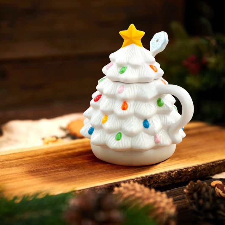 Mr. Christmas Decoration 16 oz Nostalgic Ceramic Tree Lidded Mug with Spoon-White 0J02693