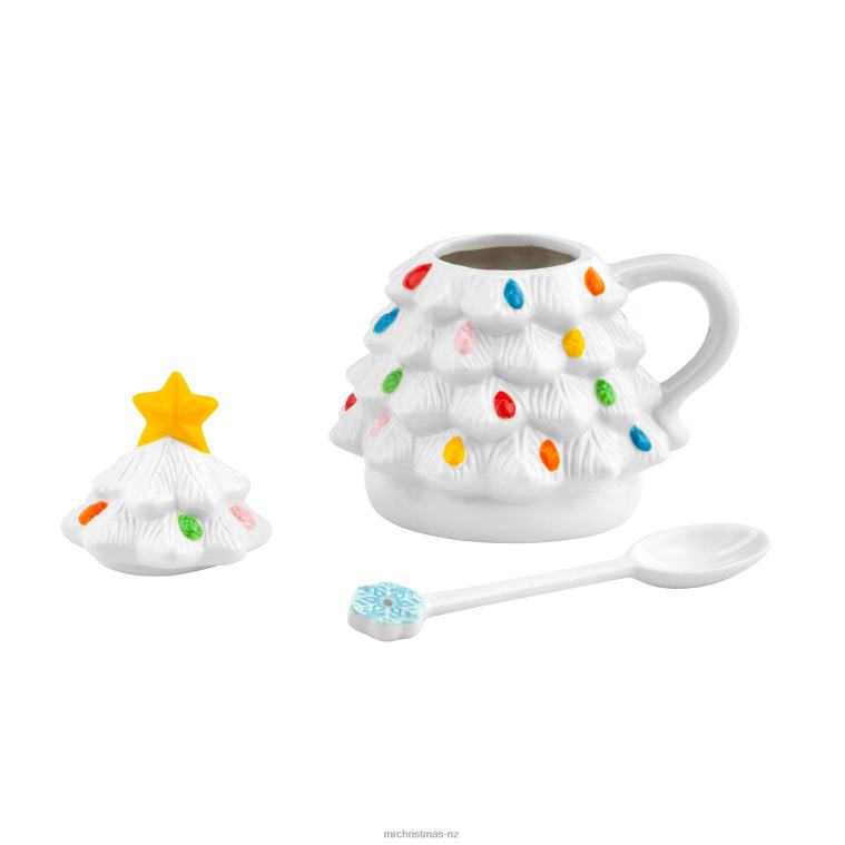 Mr. Christmas Decoration 16 oz Nostalgic Ceramic Tree Lidded Mug with Spoon-White 0J02693