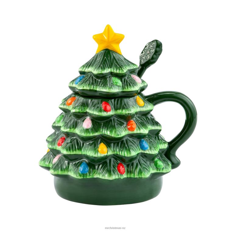 Mr. Christmas Decoration 16oz Nostalgic Ceramic Tree Lidded Mug with Spoon-Green 0J02695