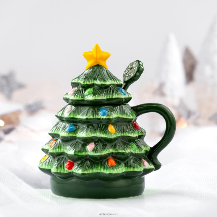 Mr. Christmas Decoration 16oz Nostalgic Ceramic Tree Lidded Mug with Spoon-Green 0J02695