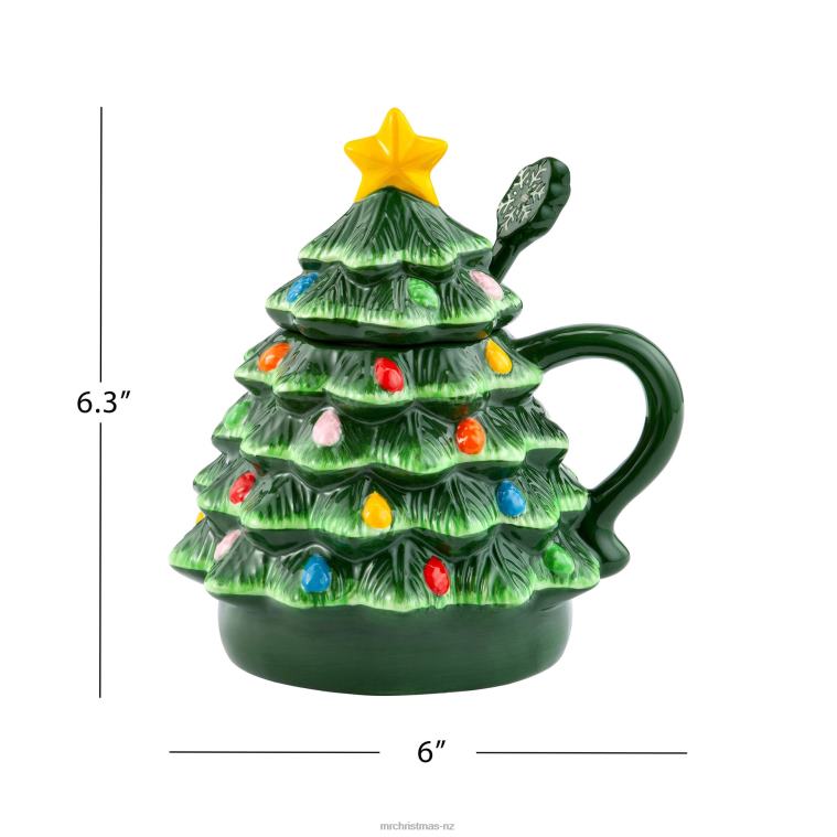 Mr. Christmas Decoration 16oz Nostalgic Ceramic Tree Lidded Mug with Spoon-Green 0J02695