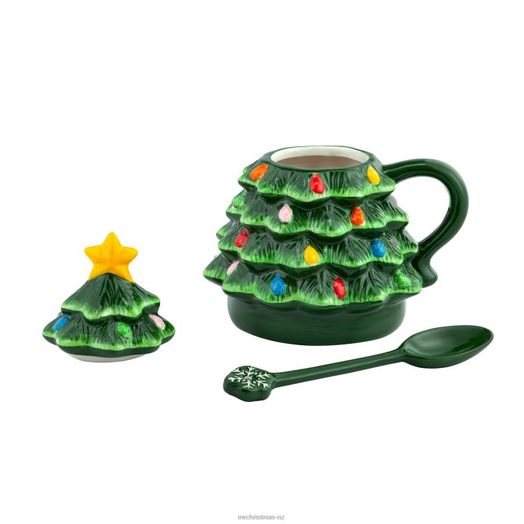 Mr. Christmas Decoration 16oz Nostalgic Ceramic Tree Lidded Mug with Spoon-Green 0J02695