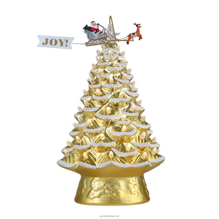 Mr. Christmas Decoration 90th Anniversary Collection-16 Lit Ceramic Tree with Animated Santa's Sleigh, Gold 0J0267