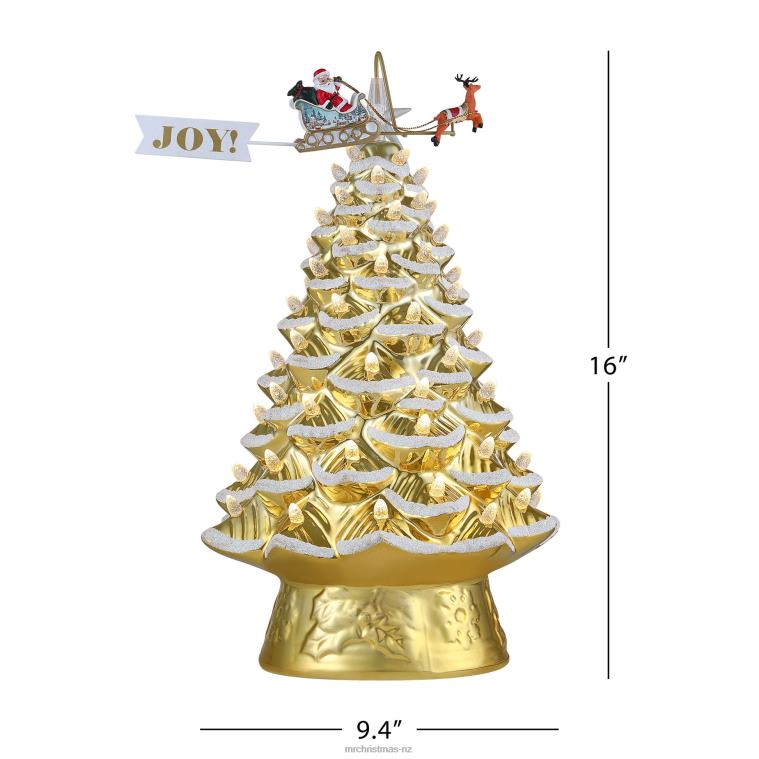 Mr. Christmas Decoration 90th Anniversary Collection-16 Lit Ceramic Tree with Animated Santa's Sleigh, Gold 0J0267