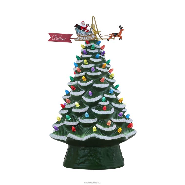 Mr. Christmas Decoration 90th Anniversary Collection-16 Lit Ceramic Tree with Animated Santa's Sleigh, Green 0J0268