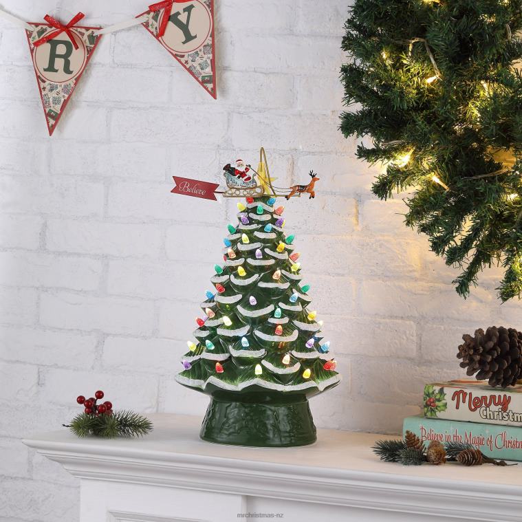 Mr. Christmas Decoration 90th Anniversary Collection-16 Lit Ceramic Tree with Animated Santa's Sleigh, Green 0J0268