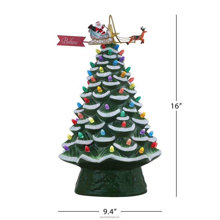 Mr. Christmas Decoration 90th Anniversary Collection-16 Lit Ceramic Tree with Animated Santa's Sleigh, Green 0J0268