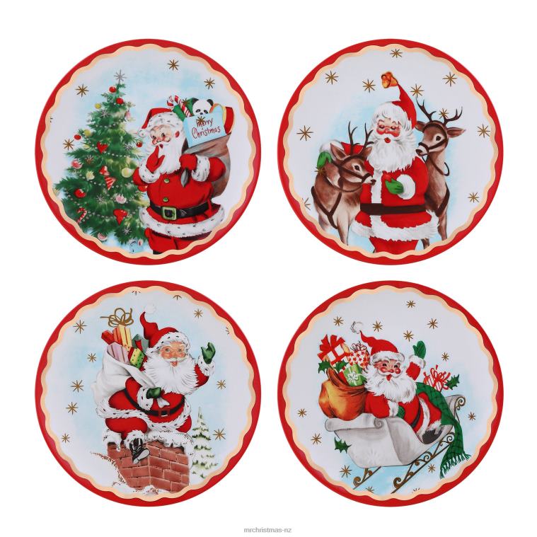 Mr. Christmas Decoration 90th Anniversary Collection-8 Set of 4 Ceramic Gold Trimmed Santa Plates 0J0264