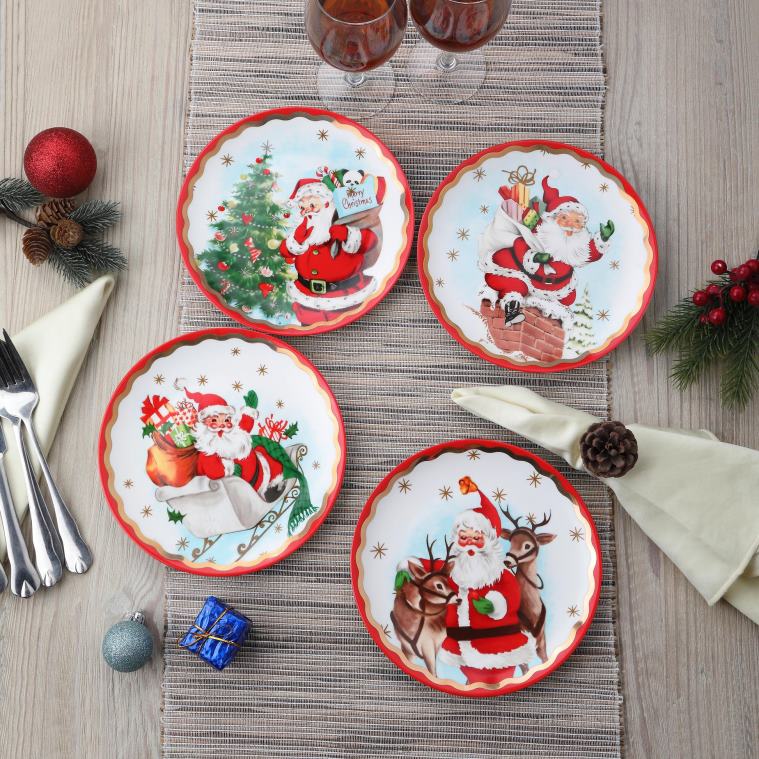 Mr. Christmas Decoration 90th Anniversary Collection-8 Set of 4 Ceramic Gold Trimmed Santa Plates 0J0264