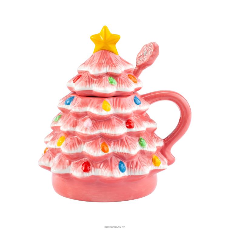 Mr. Christmas Decoration 16 oz Nostalgic Ceramic Tree Lidded Mug with Spoon-Pink 0J026245