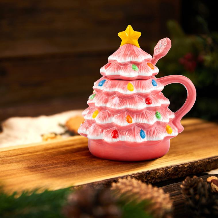 Mr. Christmas Decoration 16 oz Nostalgic Ceramic Tree Lidded Mug with Spoon-Pink 0J026245