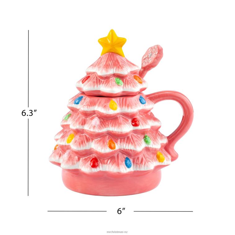 Mr. Christmas Decoration 16 oz Nostalgic Ceramic Tree Lidded Mug with Spoon-Pink 0J026245