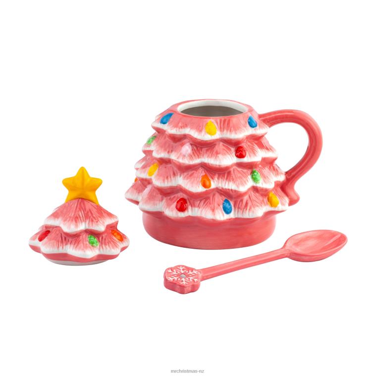 Mr. Christmas Decoration 16 oz Nostalgic Ceramic Tree Lidded Mug with Spoon-Pink 0J026245