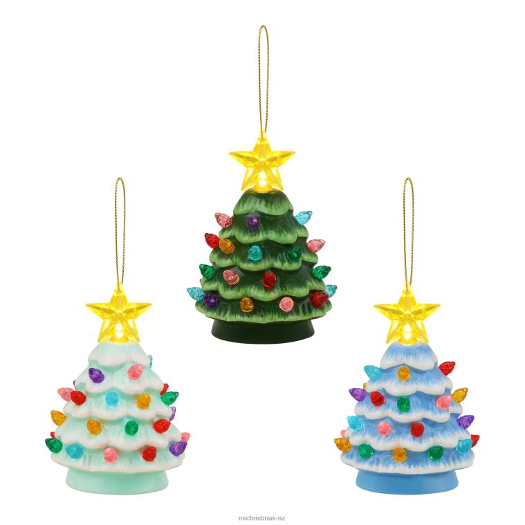 Mr. Christmas Decoration 4 Set of 3 Nostalgic Ceramic Lit Tree Ornaments-Green, Light Blue, Seafoam 0J026121