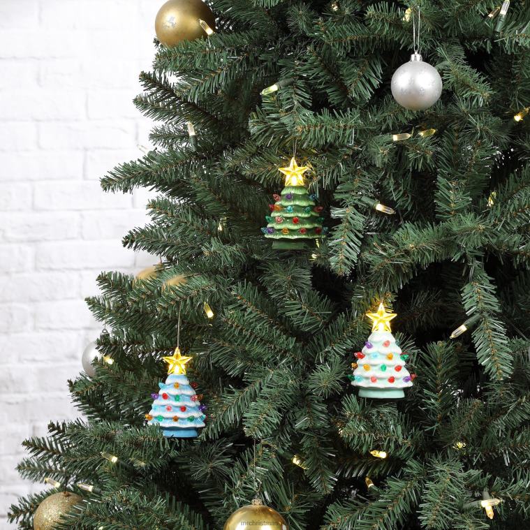 Mr. Christmas Decoration 4 Set of 3 Nostalgic Ceramic Lit Tree Ornaments-Green, Light Blue, Seafoam 0J026121