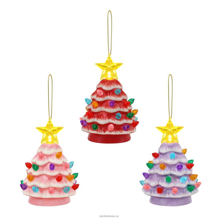 Mr. Christmas Decoration 4 Set of 3 Nostalgic Ceramic Lit Tree Ornaments-Pink, Red, Lavender 0J026120